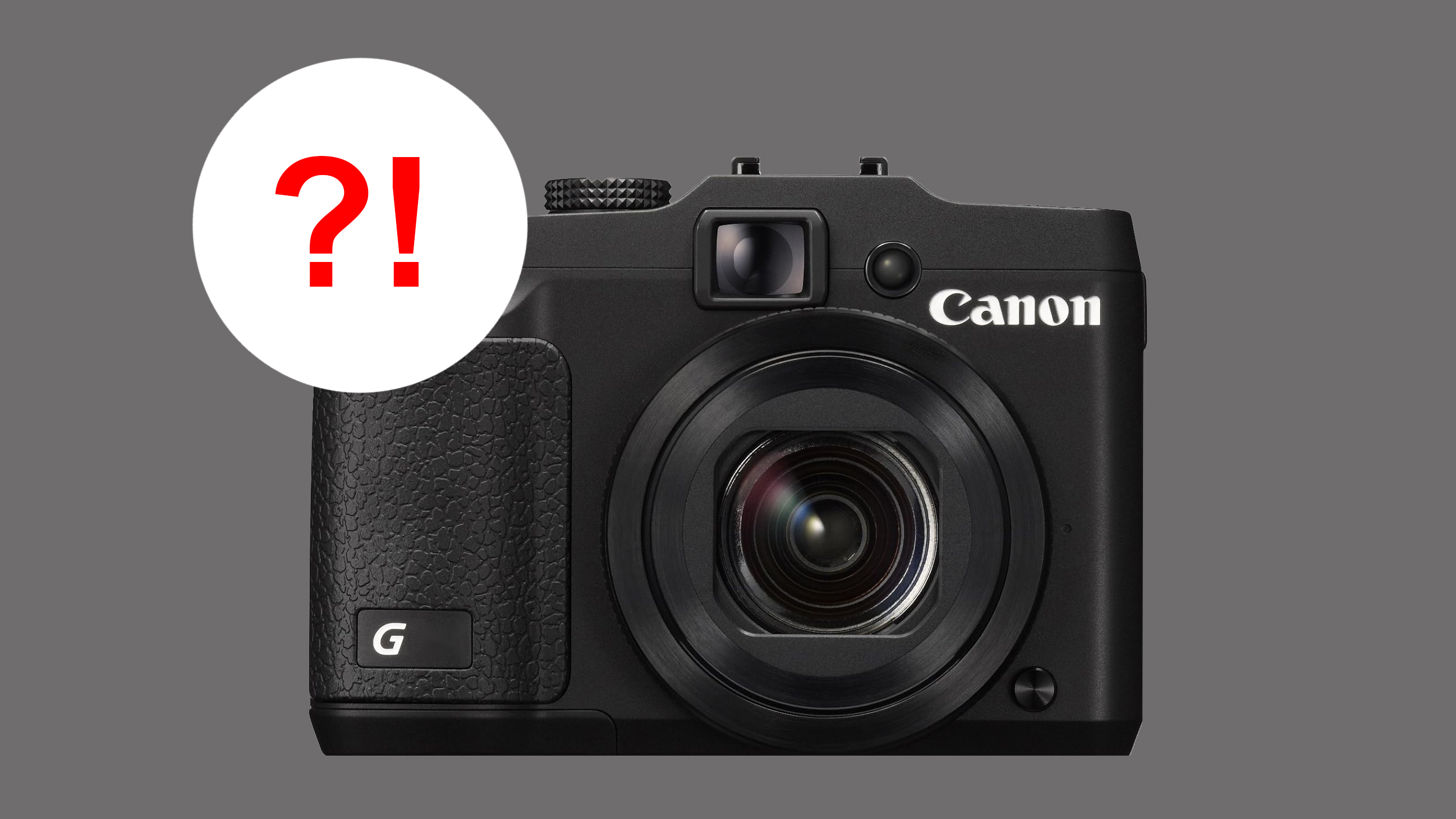 A Canon camera is displayed against a gray background, with a large white circle featuring a red question mark and exclamation point overlaying it