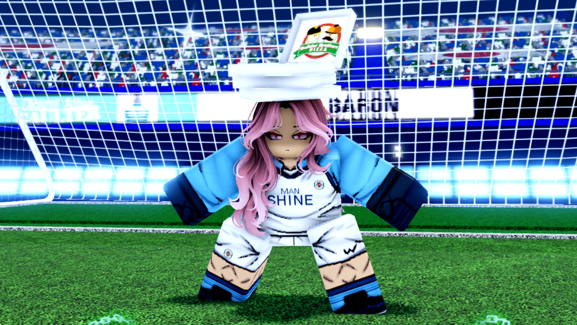 A pink-haired character stands in goal in Goalbound on Roblox.