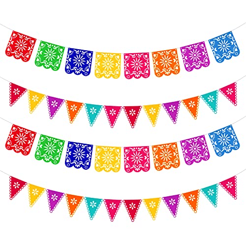 Qpout Mexican Fiesta Party Decorations, 4 Pcs Mexico Theme Decorations Banner Felt Papel Picado, Cinco De Mayo Decorations, Day of the Dead Decorations, Baby Shower Kids Birthday Indoor Outdoor Decor