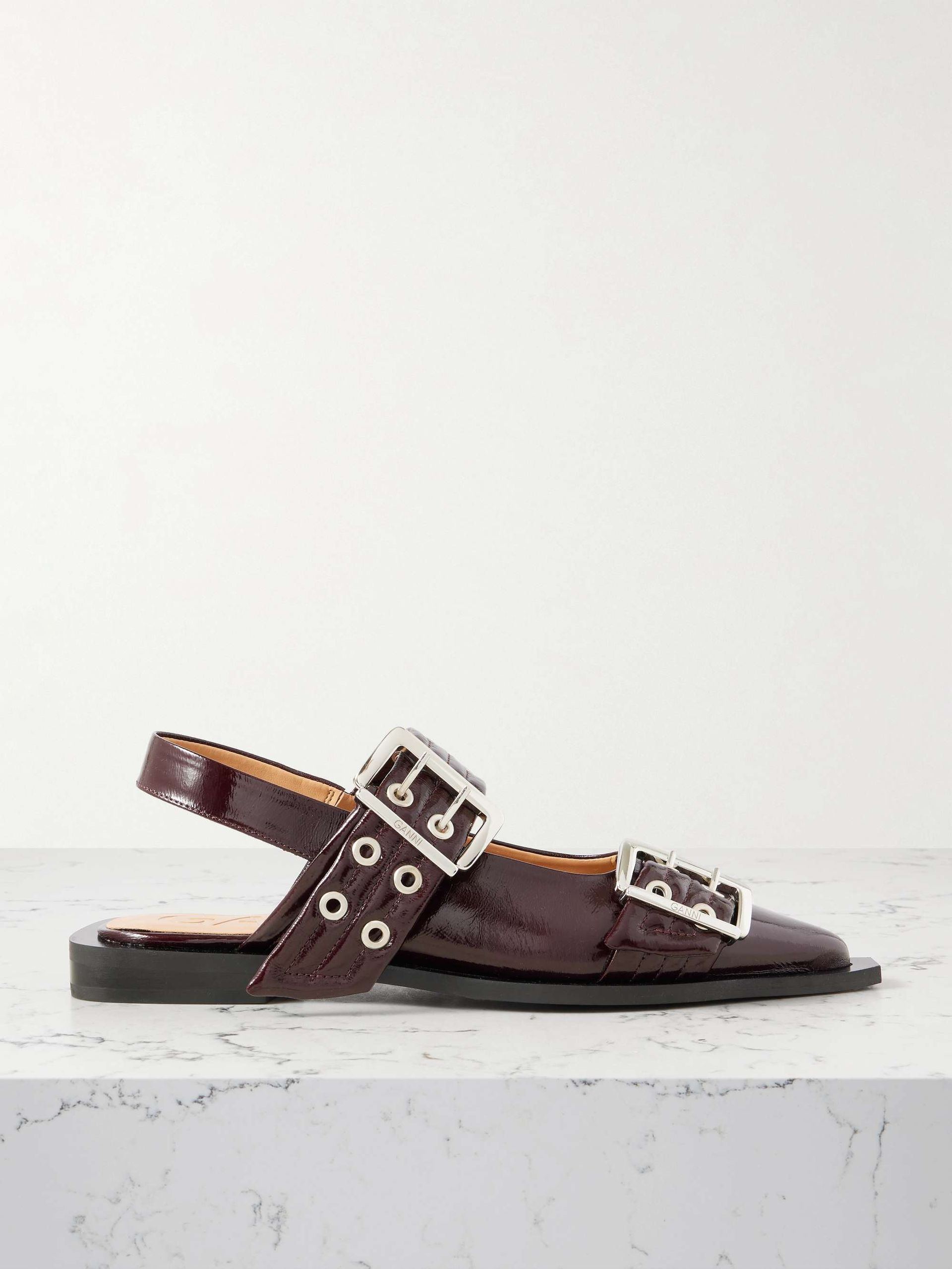 Embellished Glossed Recycled Point-Toe Slingback Flats