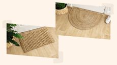 ALDI jute doormats in lifestyle staged pictures next to each other on a scrapbook style background