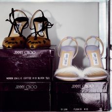 Jimmy Choo archival collection featuring animal print heels and purple feather shoes