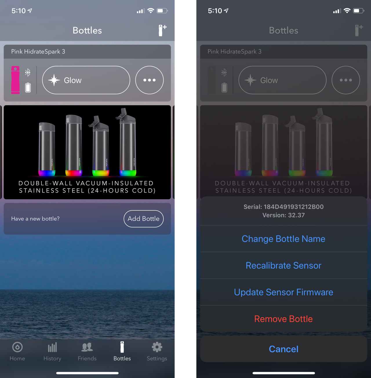Hidratespark App Bottles Settings