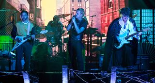 The Voidz perform live on Jimmy Fallon in October 2024: [from left] Amir Yaghmai, Julian Casablancas and Jeramy “Beardo” Gritter 