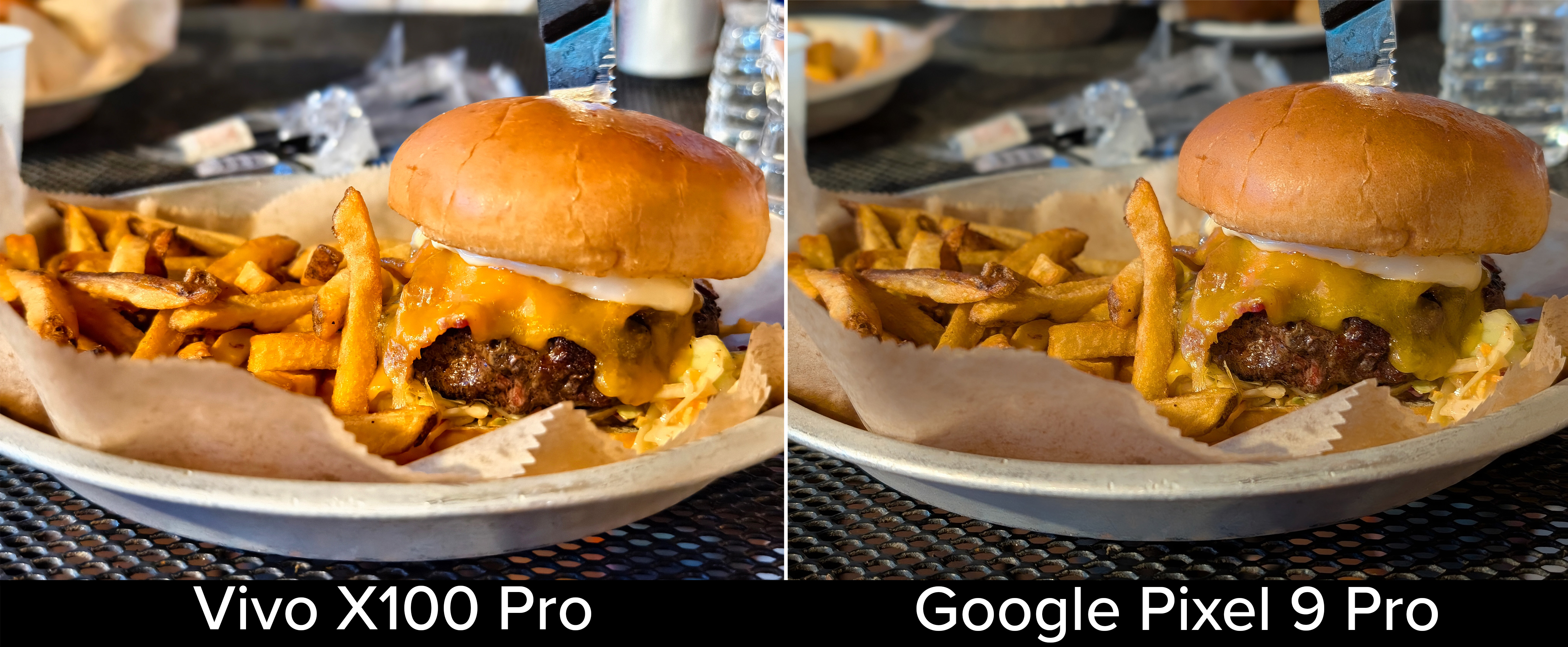 A photo comparison between the Google Pixel 9 Pro XL, and Vivo X100 Pro's portrait mode of a hamburger and fries