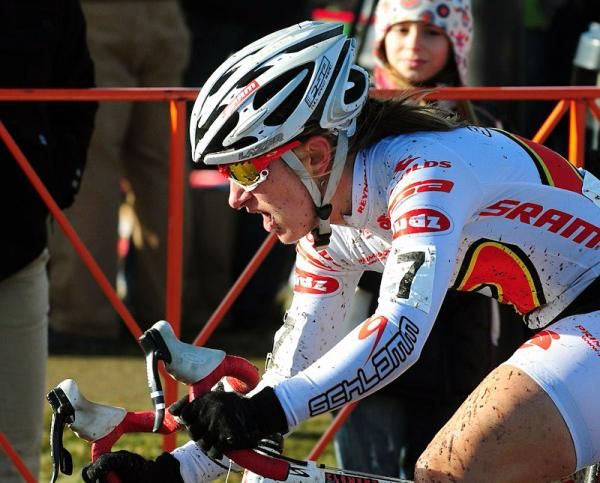 Amy Dombroski (Clement-Mootry-Primus) riding third with one lap to go.