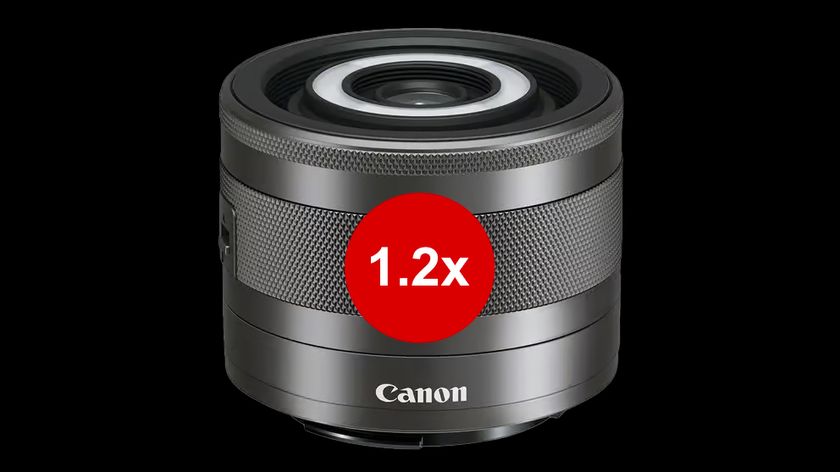 Canon lens with textured black finish, featuring a prominent red circle labeled &quot;1.2x&quot; on a black background