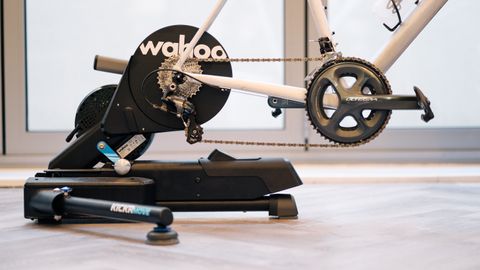 A close up of a wahoo kickr move indoor trainer