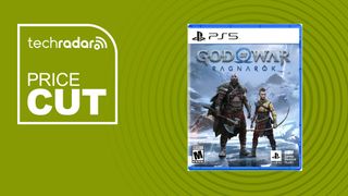 God of War Ragnarok PS5 on a green background with white price cut text