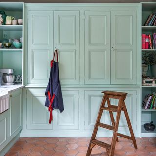 Larder-style units and built-in shelves in pale blue with small step ladder