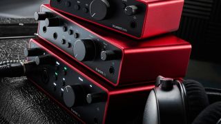 A selection of Focusrite Scarlett 4th Gen interfaces stacked on one another