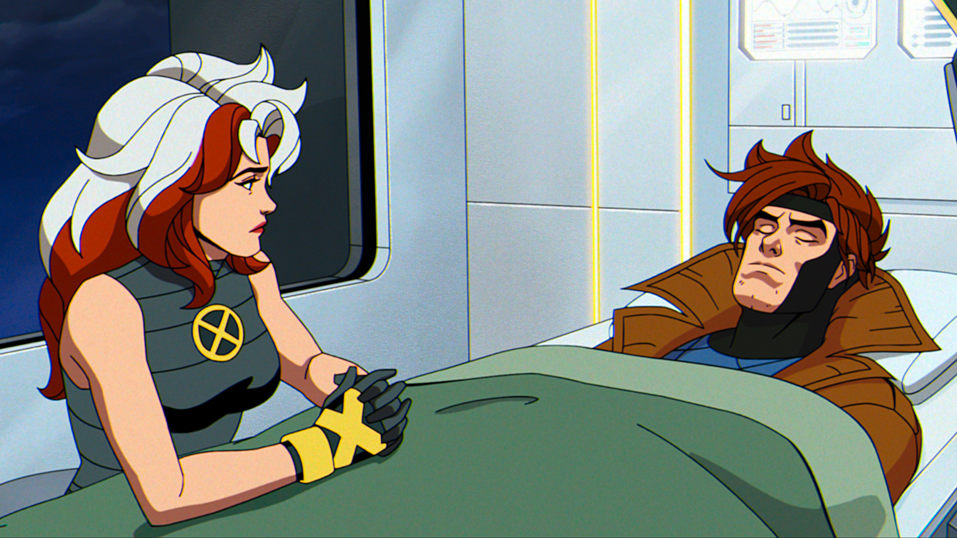 Rogue sitting at the bedside of a comatosed Gambit in X-Men '97 season 2 episode 8