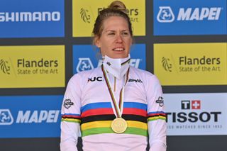Winner Dutch Ellen Van Dijk celebrates on the podium of the women elite individual time trial race 303 km from KnokkeHeist to Brugge at the UCI World Championships Road Cycling Flanders 2021 in Brugge on Monday 20 September 2021 The Worlds take place from 19 to 26 September 2021 in several cities in Flanders BelgiumBELGA PHOTO DIRK WAEM Photo by DIRK WAEMBELGA MAGAFP via Getty Images