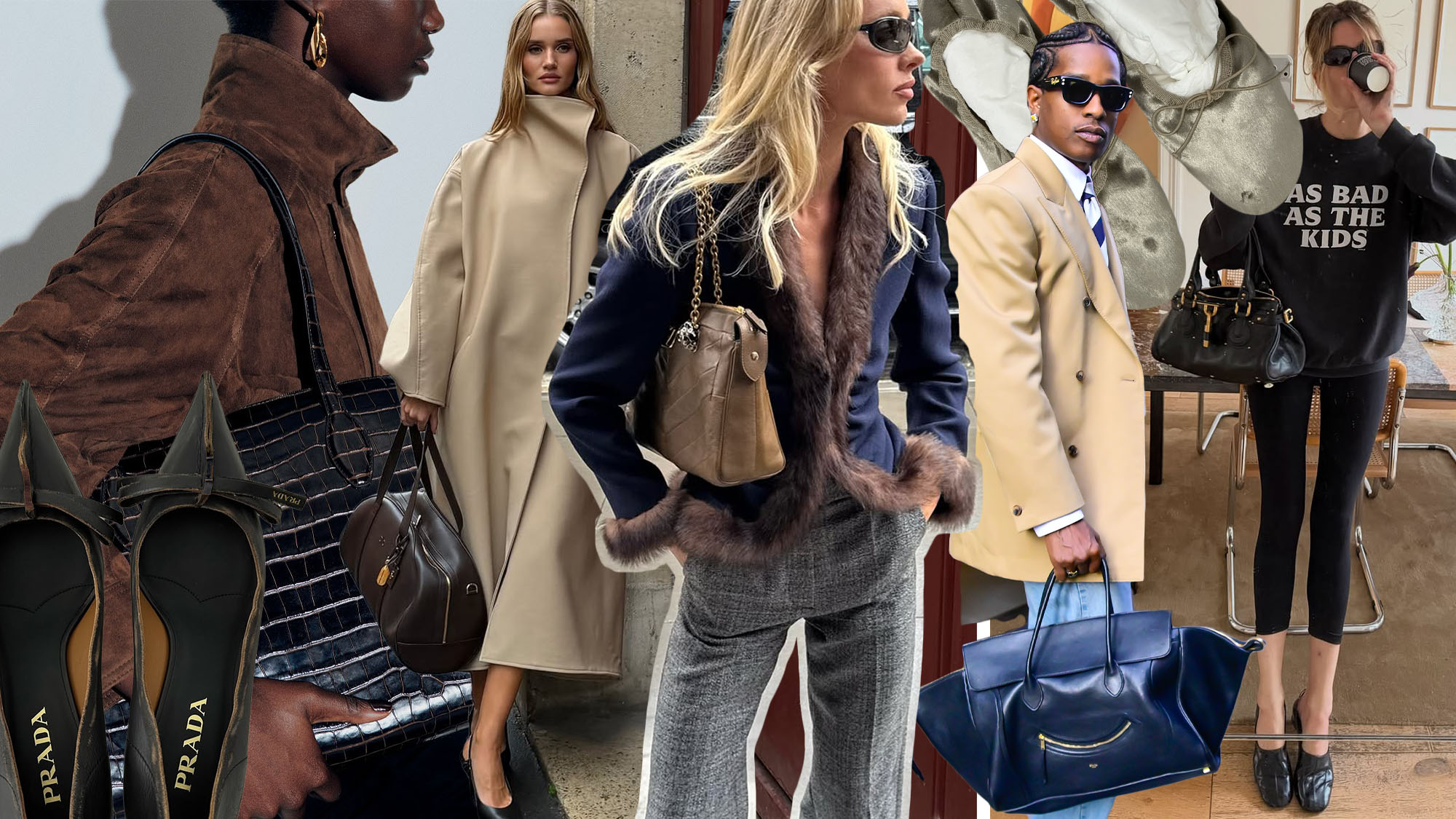 a collage of influencer and celebrity outfits featuring the best luxury fashion items for fall 2025
