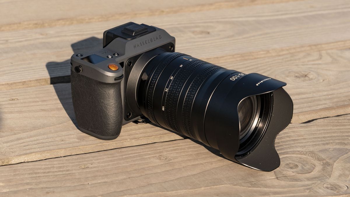 Hasselblad X2D II 100C camera outdoors at first light, with 35-100mm lens attached
