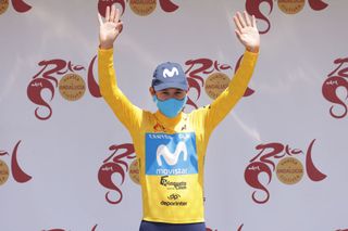 PULP SPAIN MAY 22 Miguel ngel Lpez Moreno of Colombia and Movistar Team yellow leader jersey celebrates at podium during the 67th Vuelta A Andalucia Ruta Del Sol 2021 Stage 5 a 1145km stage from Vera to Pulp VCANDALUCIA on May 22 2021 in Pulp Spain Photo by Gonzalo Arroyo MorenoGetty Images