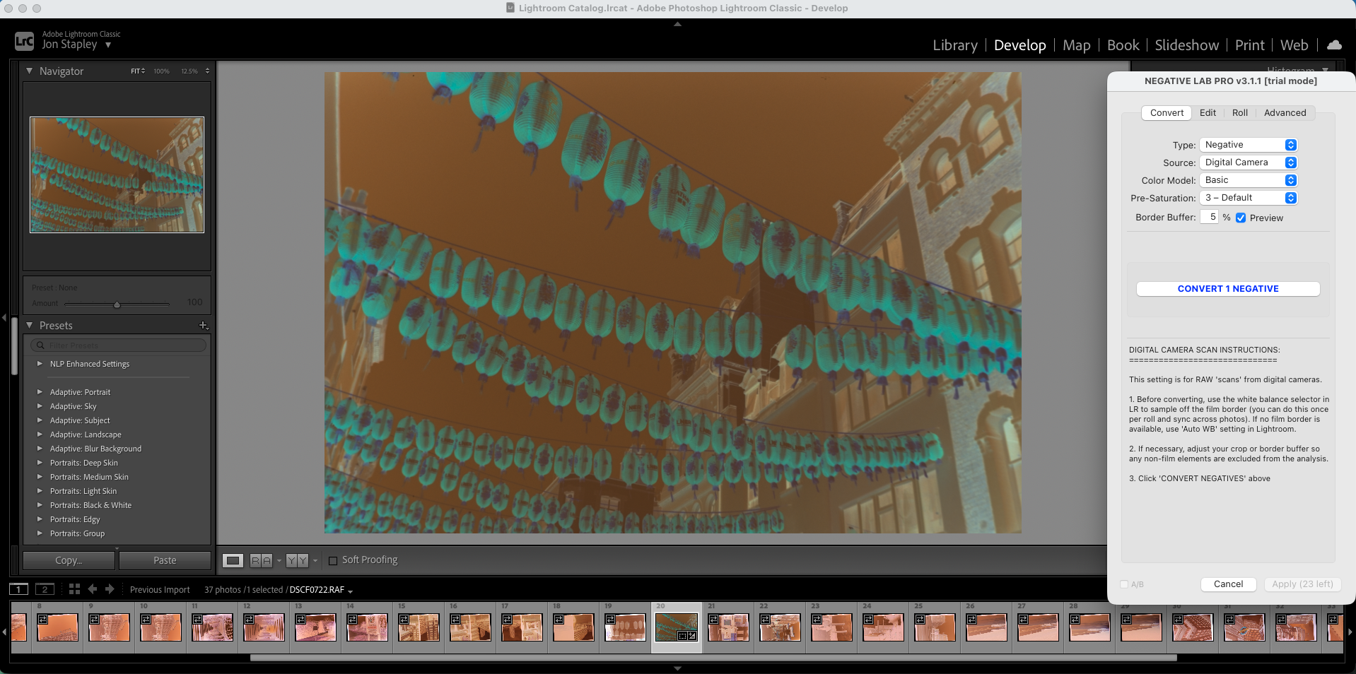 Screenshot of Negative Lab Pro being used to process a digitized film negative in Adobe Lightroom