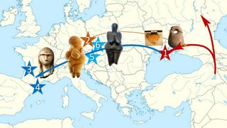 This map shows genetic relationships between Paleolithic genomes. A large illustration of Europe with blue ocean and yellow land. Ancient figurines mark various genomes along drawn arrows, lines and stars.