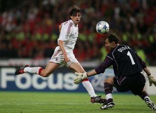 AC Milan forward Hernan Crespo of Argentina scores the third goal past Liverpool goalkeeper Jerzy Dudek of Poland during the European Champions League final between Liverpool and AC Milan on May 25, 2005 at the Ataturk Olympic Stadium in Istanbul, Turkey.