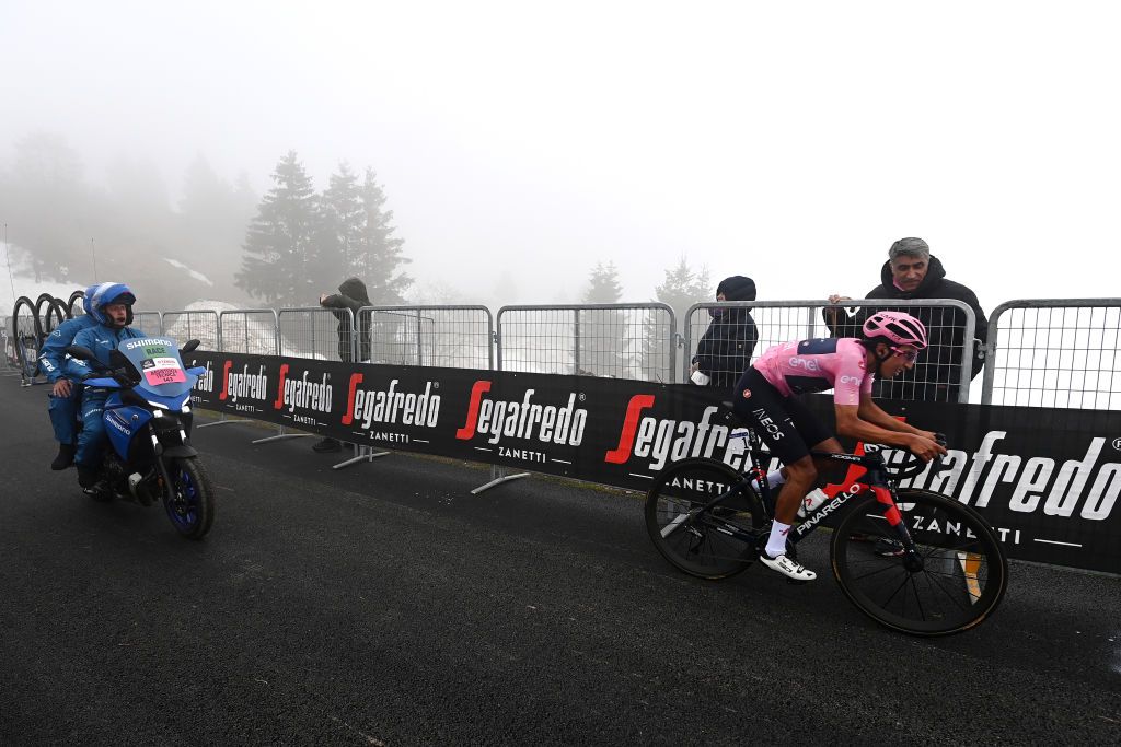 MONTE ZONCOLAN ITALY MAY 22 Egan Arley Bernal Gomez of Colombia and Team INEOS Grenadiers Pink Leader Jersey at Monte Zoncolan 1730m during the 104th Giro dItalia 2021 Stage 14 a 205km stage from Cittadella to Monte Zoncolan 1730m UCIworldtour girodiitalia Giro on May 22 2021 in Monte Zoncolan Italy Photo by Stuart FranklinGetty Images
