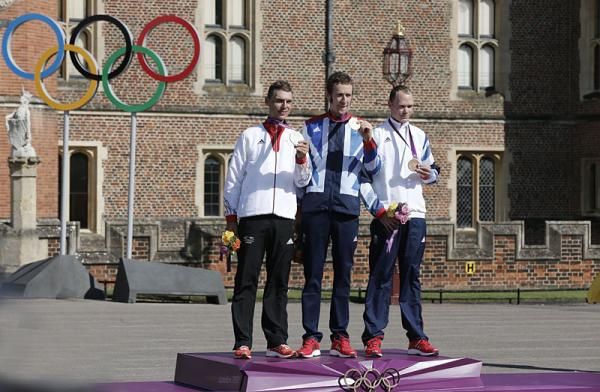 Elite men's time trial Olympic podium: Tony Martin, Bradley Wiggins, Chris Froome