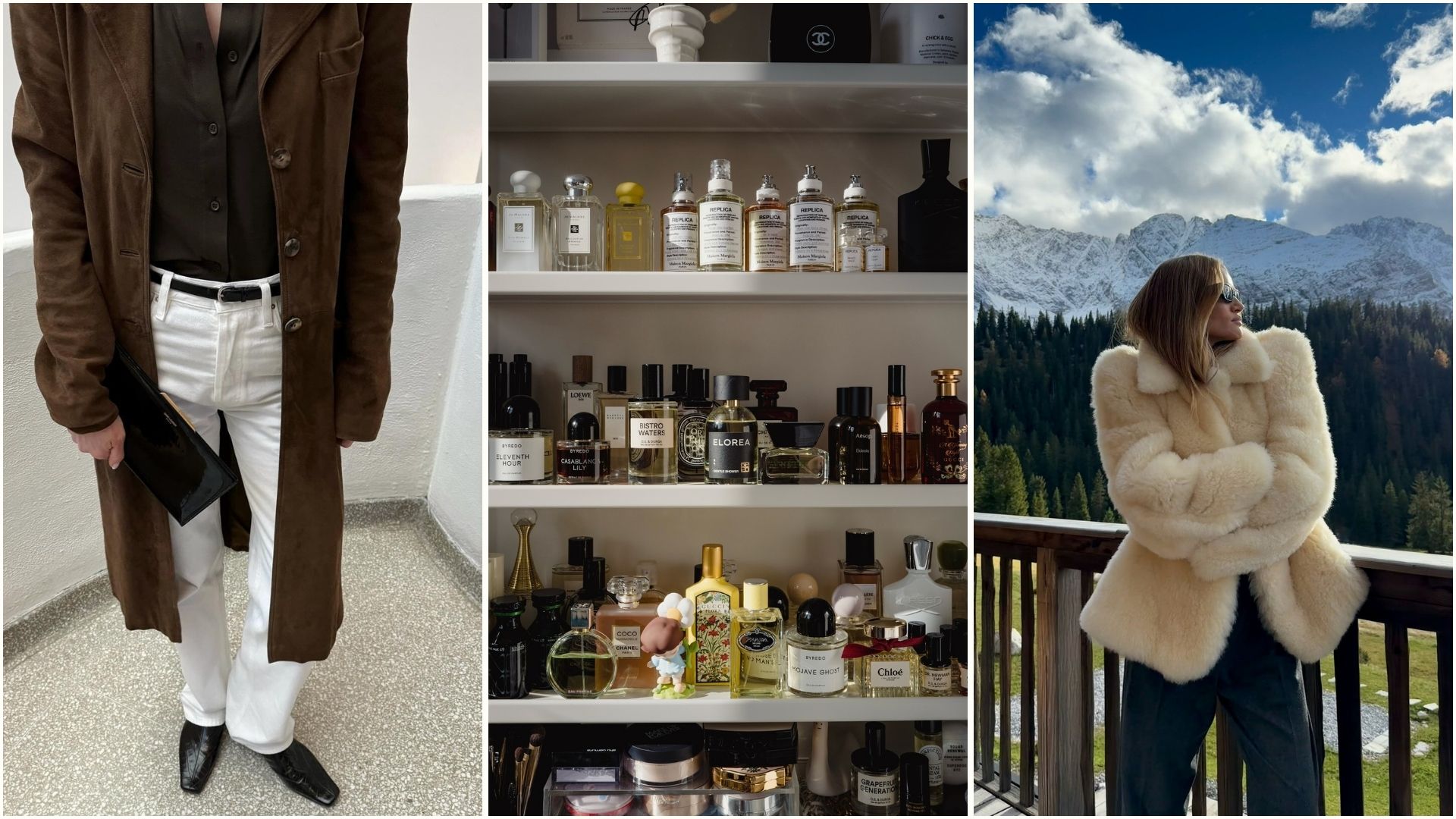 A collage featuring @rikkekreftinga and @rosiehw, and bottles of fragrance