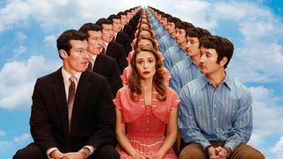 Callum Turner and Miles Teller look at each other while Elizabeth Olsen sits in the middle