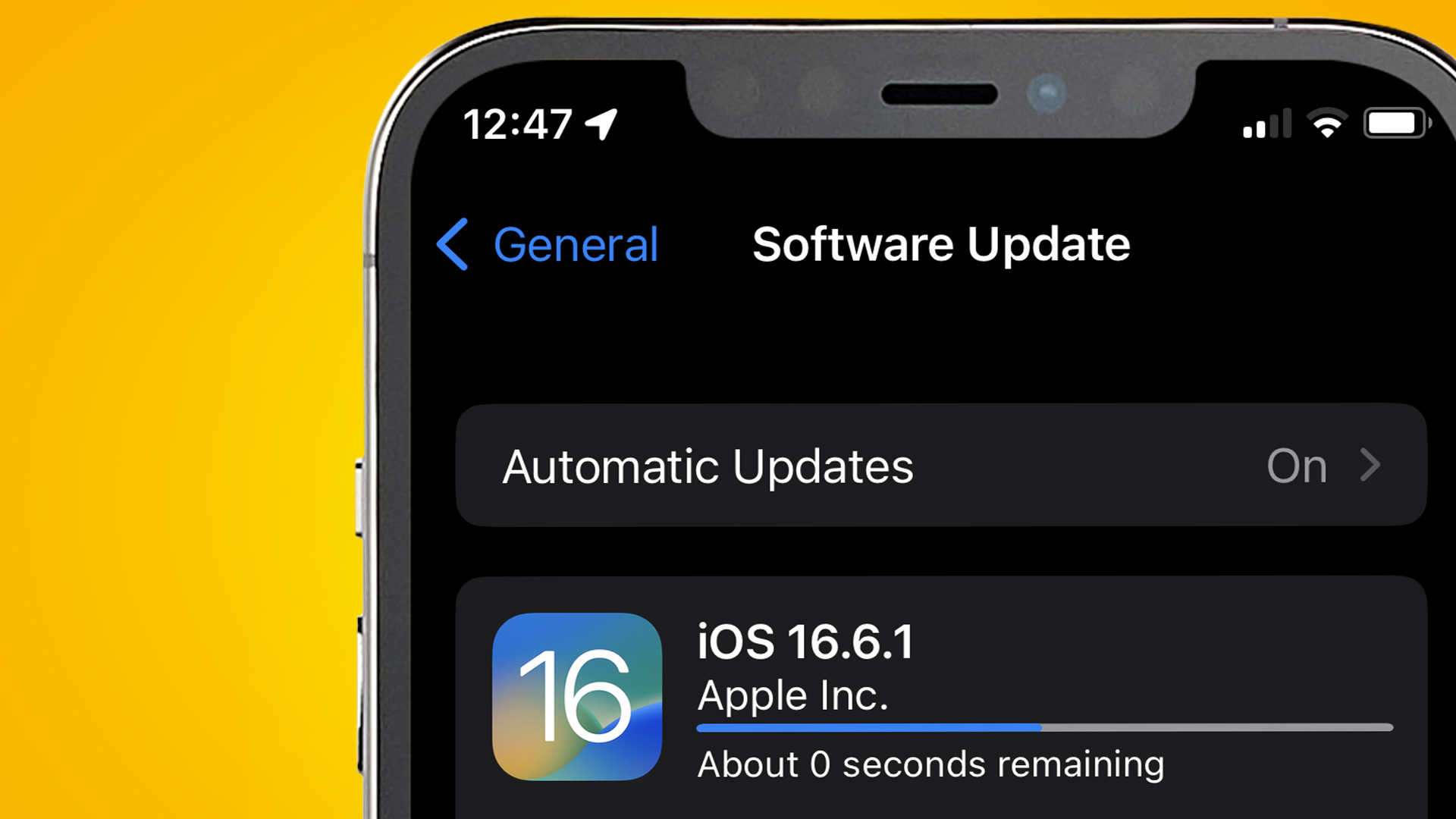 An iPhone on a yellow background showing a security update being installed