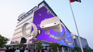 An immersive billboard comes to life with headsets seemingly coming off the billboard.