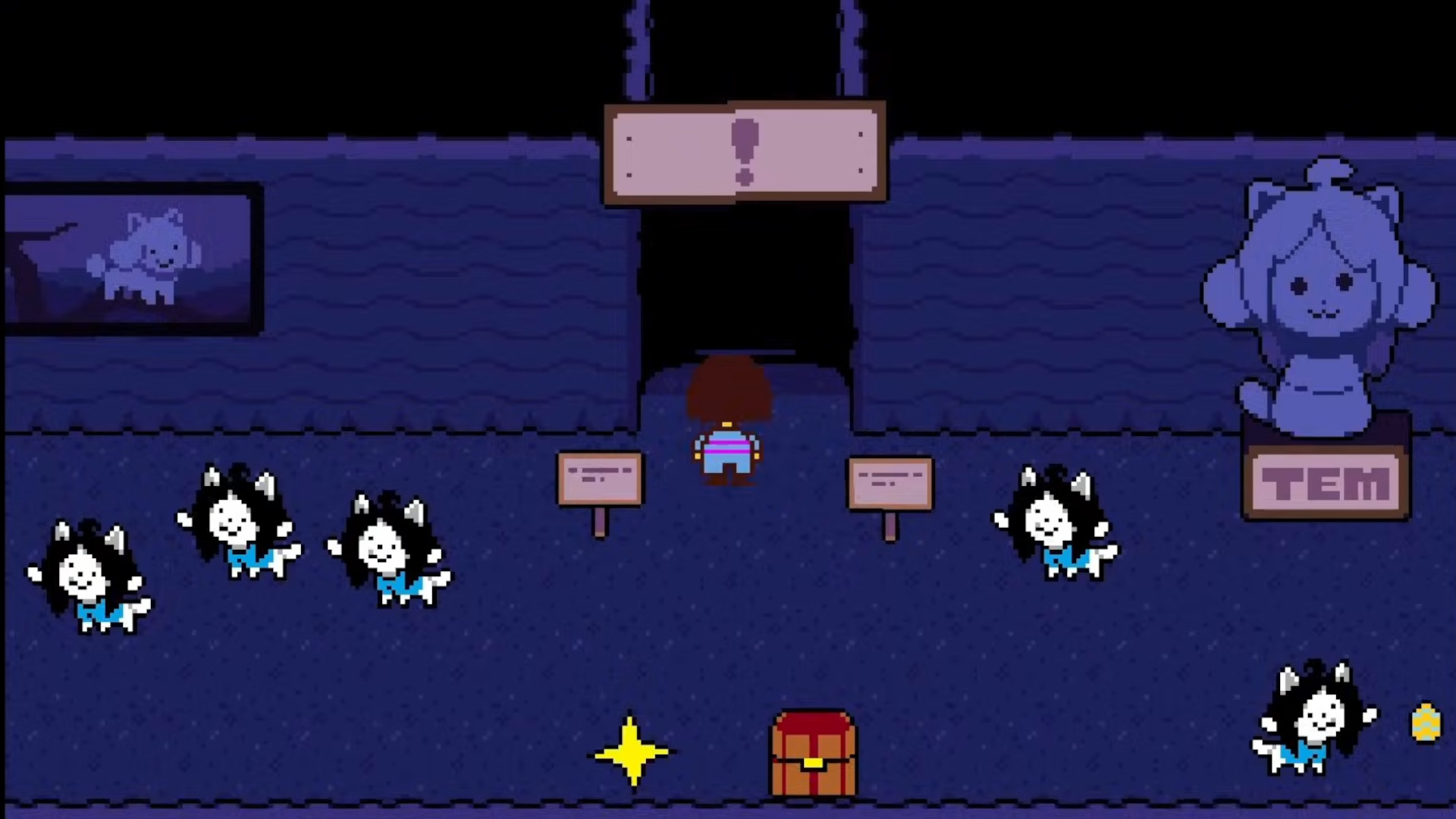 Frisk walking through the Temi Village during the RPG Undertale