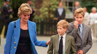 Prince William with Diana, Princess of Wales and Prince Harry on the day he joined Eton in September 1995
