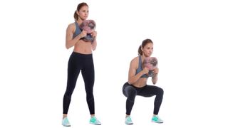 Woman demonstrates two positions of the goblet squat
