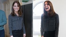 Composite of two pictures of Kate Middleton wearing a polka dot shirt, black skinny jeans and boots during a visit to Savannah House in County Meath in 2020