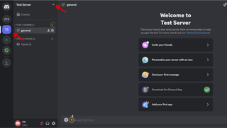 A screenshot of the Discord web app with red arrows pointing at the server icon and the dropdown icon beside the server name. 