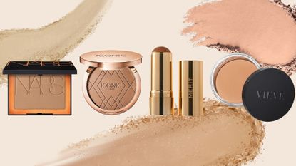 NARS, Iconic London, Merit and Vieve bronzers on a beige background with bronzer powder swatches