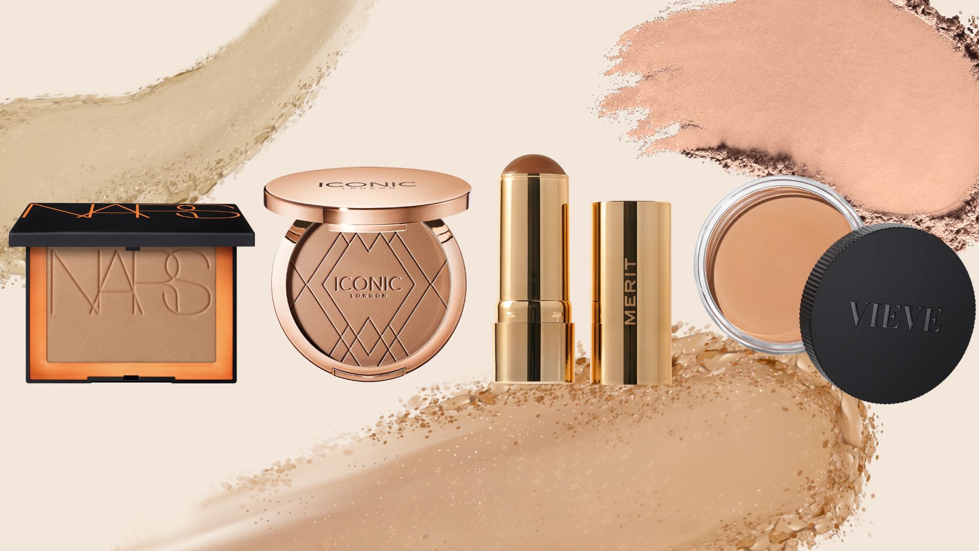 NARS, Iconic London, Merit and Vieve bronzers on a beige background with bronzer powder swatches