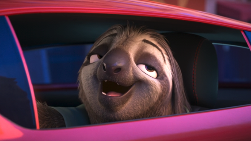 Sloth smiling while inside a sports car in Zootopia