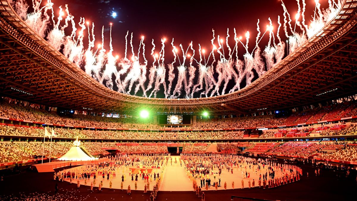 Fireworks light the sky during opening ceremonies at the 2020 Tokyo Olympics