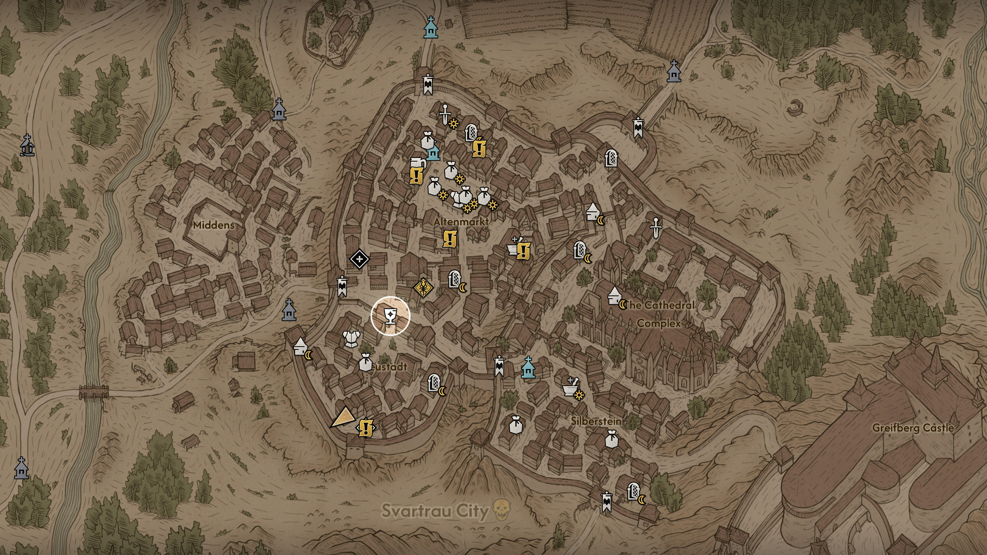 The Blood of Dawnwalker - Map of Svartrau city with the Silver Trader highlighted in the southwest corner