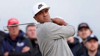 Tony Finau takes a shot during the second round of The Open