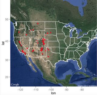 A map of the 66 confirmed animal plague cases that occurred in the United States between 2000 and 2015.