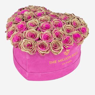 Heart Hot Pink Suede Dome Box | Neon Gold Pink Roses