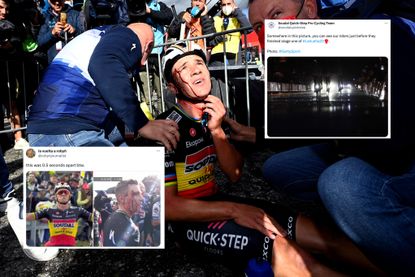 Remco Evenepoel with blood on his face and two tweets embossed on image