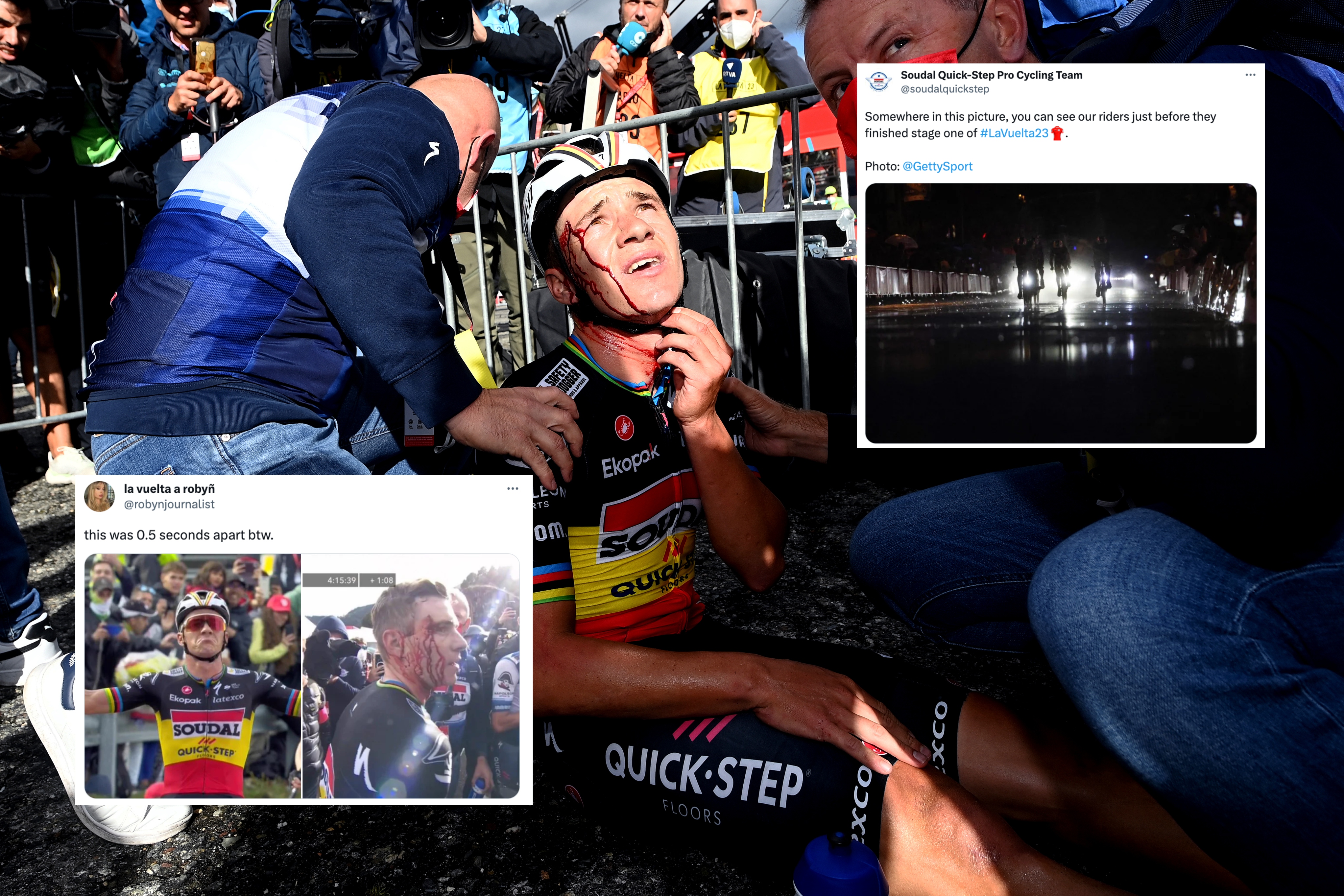 Remco Evenepoel with blood on his face and two tweets embossed on image