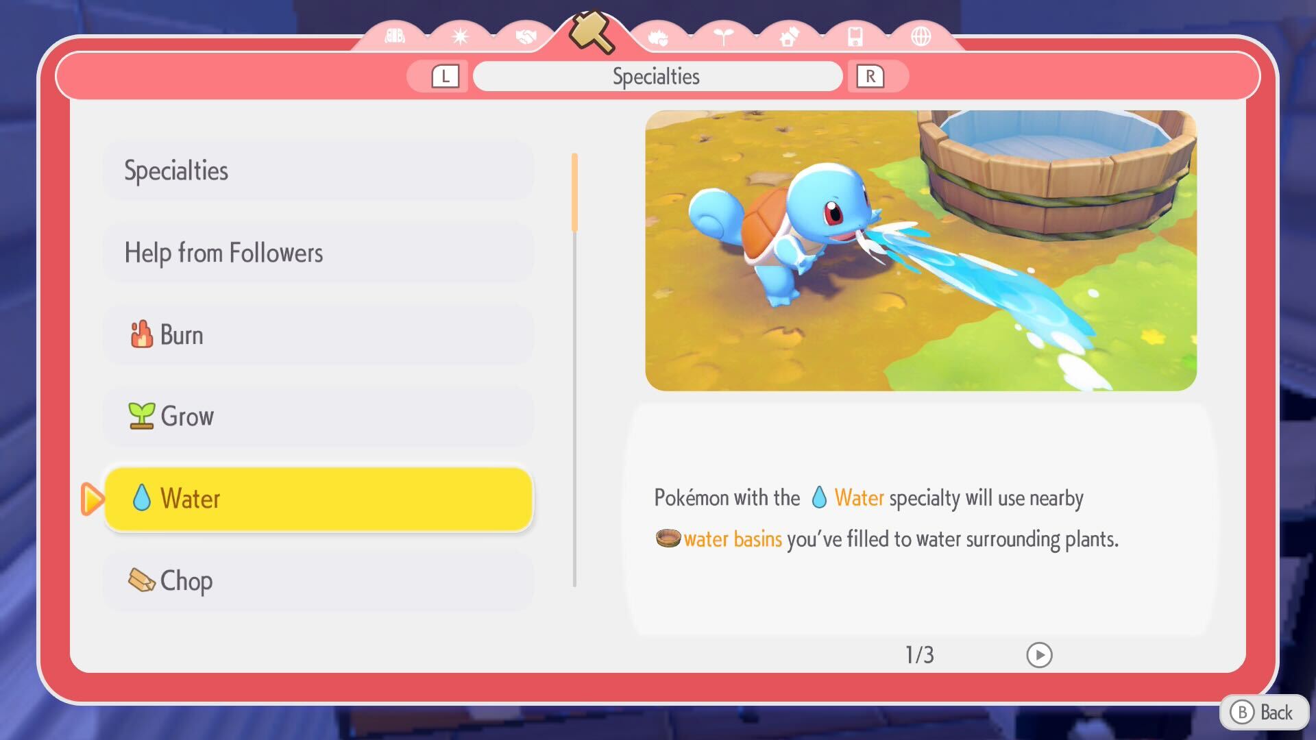 explaining the water specialty in in Pokemon Pokopia