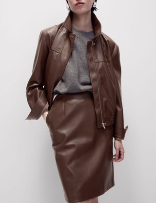 Leather Look Knee Length A-Line Skirt