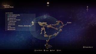 Tales of Arise - a map of Shinefall Woods showing an owl marker in the central northern part of the map.