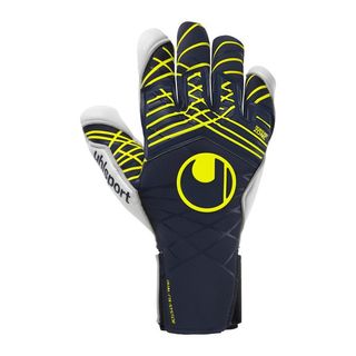 Uhlsport Prediction Absolutgrip SC goalkeper gloves. The iconic Uhlsport logo is in the centre of the top of the gloves in a yellow colour, with that same colour used for accents elsewhere on the gloves.