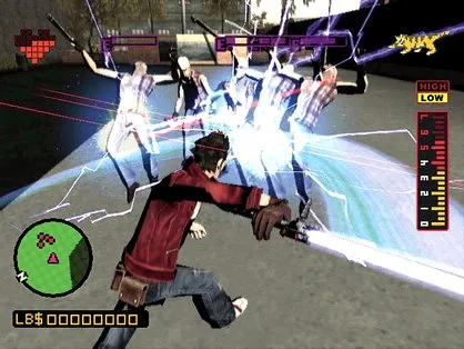 Travis Touchdown atraviesa a cuatro enemigos con una katana en No Other Heroes