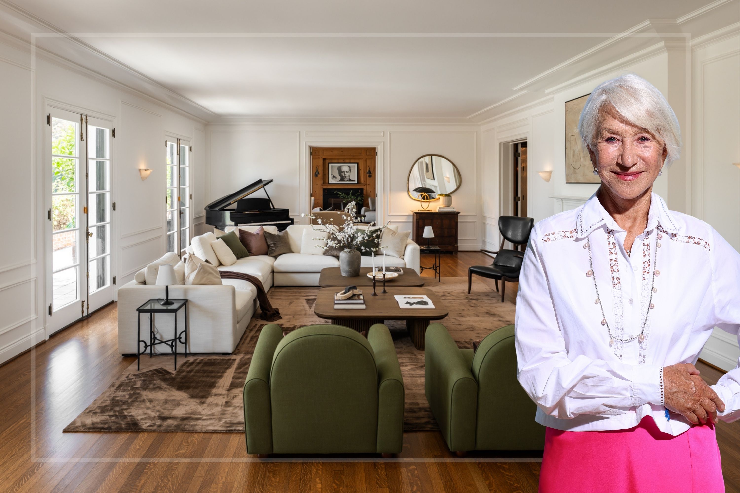 A comp image of Helen Mirren's Hollywood home and Helen Mirren